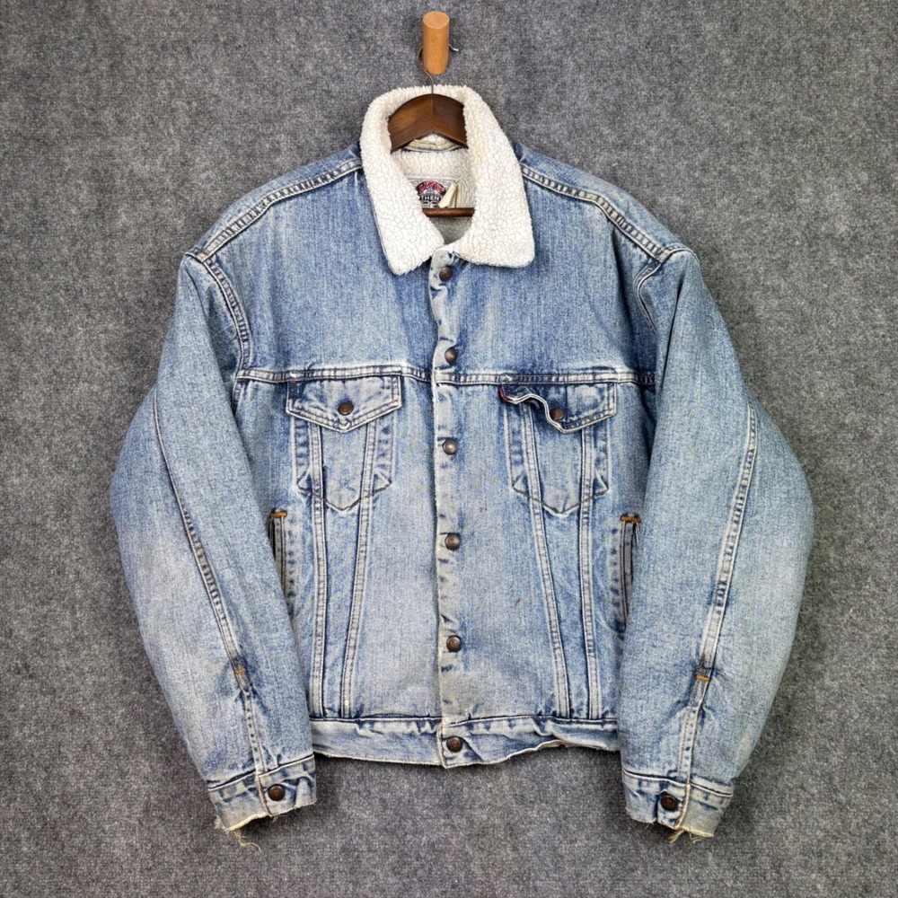 Levi's Sherpa Lined Denim Jacket Mens Large Blue Trucker Vintage Distressed Coat